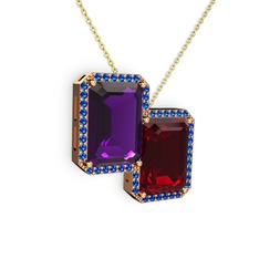 Ametist, garnet ve lab safir 925 ayar rose altın kaplama gümüş kolye (40 cm altın rolo zincir)