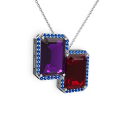 Ametist, garnet ve lab safir 8 ayar beyaz altın kolye (40 cm beyaz altın rolo zincir)