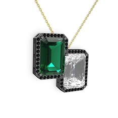 Avis Kolye - Yeşil kuvars, beyaz zirkon ve siyah zirkon 925 ayar siyah rodyum kaplama gümüş kolye (40 cm gümüş rolo zincir) #13g5hzk