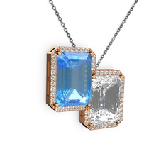 Akuamarin, beyaz zirkon ve swarovski 925 ayar rose altın kaplama gümüş kolye (40 cm gümüş rolo zincir)