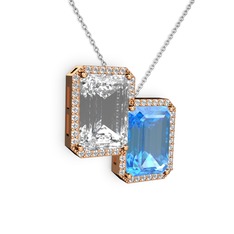 Beyaz zirkon, akuamarin ve swarovski 8 ayar rose altın kolye (40 cm beyaz altın rolo zincir)