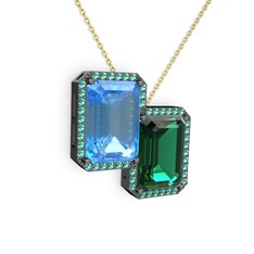 Akuamarin ve yeşil kuvars 925 ayar siyah rodyum kaplama gümüş kolye (40 cm altın rolo zincir)