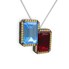 Avis Kolye - Akuamarin, garnet ve sitrin 925 ayar siyah rodyum kaplama gümüş kolye (40 cm beyaz altın rolo zincir) #15772v7