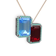Akuamarin, garnet ve yeşil kuvars 8 ayar beyaz altın kolye (40 cm gümüş rolo zincir)
