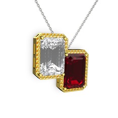 Beyaz zirkon, garnet ve sitrin 8 ayar altın kolye (40 cm beyaz altın rolo zincir)