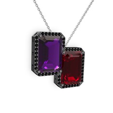 Avis Kolye - Ametist, garnet ve siyah zirkon 925 ayar siyah rodyum kaplama gümüş kolye (40 cm beyaz altın rolo zincir) #15rxpu9