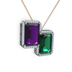 Avis Kolye - Ametist, yeşil kuvars ve akuamarin 18 ayar beyaz altın kolye (40 cm gümüş rolo zincir) #15xb206