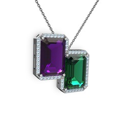 Avis Kolye - Ametist, yeşil kuvars ve akuamarin 14 ayar beyaz altın kolye (40 cm gümüş rolo zincir) #161ahs0