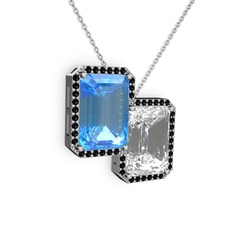 Avis Kolye - Akuamarin, beyaz zirkon ve siyah zirkon 8 ayar beyaz altın kolye (40 cm gümüş rolo zincir) #163fybc