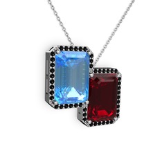 Avis Kolye - Akuamarin, garnet ve siyah zirkon 8 ayar beyaz altın kolye (40 cm beyaz altın rolo zincir) #16luj72