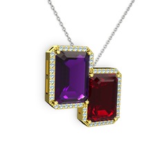 Ametist, garnet ve akuamarin 18 ayar altın kolye (40 cm beyaz altın rolo zincir)