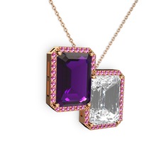 Ametist, beyaz zirkon ve rodolit garnet 8 ayar rose altın kolye (40 cm rose altın rolo zincir)