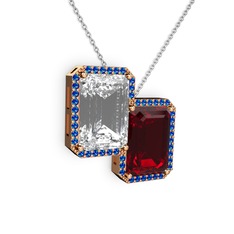 Beyaz zirkon, garnet ve lab safir 8 ayar rose altın kolye (40 cm gümüş rolo zincir)