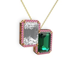 Beyaz zirkon, yeşil kuvars ve rodolit garnet 8 ayar rose altın kolye (40 cm altın rolo zincir)
