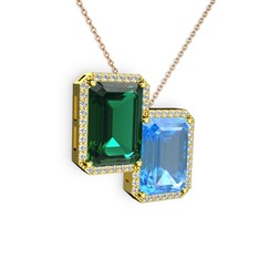 Yeşil kuvars, akuamarin ve swarovski 8 ayar altın kolye (40 cm gümüş rolo zincir)