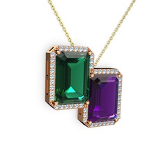 Yeşil kuvars, ametist ve akuamarin 18 ayar rose altın kolye (40 cm altın rolo zincir)