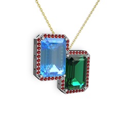 Akuamarin, yeşil kuvars ve garnet 14 ayar beyaz altın kolye (40 cm altın rolo zincir)
