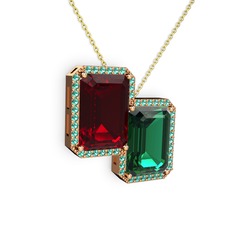 Garnet ve yeşil kuvars 8 ayar rose altın kolye (40 cm gümüş rolo zincir)