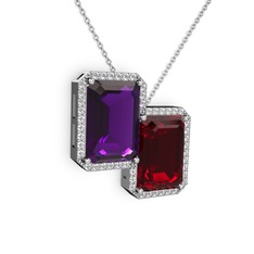 Ametist, garnet ve swarovski 14 ayar beyaz altın kolye (40 cm gümüş rolo zincir)