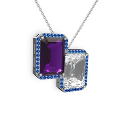 Ametist, beyaz zirkon ve lab safir 14 ayar beyaz altın kolye (40 cm beyaz altın rolo zincir)