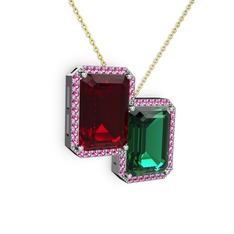 Garnet, yeşil kuvars ve rodolit garnet 14 ayar beyaz altın kolye (40 cm gümüş rolo zincir)