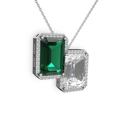 Yeşil kuvars, beyaz zirkon ve swarovski 8 ayar beyaz altın kolye (40 cm beyaz altın rolo zincir)