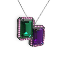 Yeşil kuvars, ametist ve rodolit garnet 925 ayar siyah rodyum kaplama gümüş kolye (40 cm beyaz altın rolo zincir)