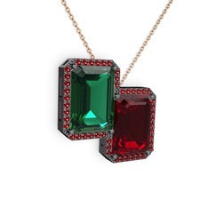 Avis Kolye - Yeşil kuvars ve garnet 925 ayar siyah rodyum kaplama gümüş kolye (40 cm rose altın rolo zincir) #1b58qe1