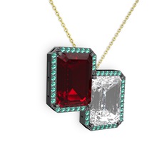 Garnet, beyaz zirkon ve yeşil kuvars 925 ayar siyah rodyum kaplama gümüş kolye (40 cm gümüş rolo zincir)