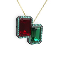 Garnet ve yeşil kuvars 925 ayar siyah rodyum kaplama gümüş kolye (40 cm altın rolo zincir)