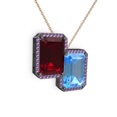 Garnet, akuamarin ve ametist 925 ayar siyah rodyum kaplama gümüş kolye (40 cm gümüş rolo zincir)