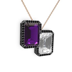 Ametist, beyaz zirkon ve siyah zirkon 925 ayar siyah rodyum kaplama gümüş kolye (40 cm rose altın rolo zincir)