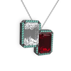 Beyaz zirkon, garnet ve yeşil kuvars 925 ayar siyah rodyum kaplama gümüş kolye (40 cm beyaz altın rolo zincir)