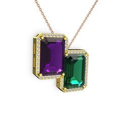Avis Kolye - Ametist, yeşil kuvars ve swarovski 14 ayar altın kolye (40 cm gümüş rolo zincir) #1d789og