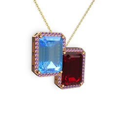 Akuamarin, garnet ve ametist 8 ayar rose altın kolye (40 cm altın rolo zincir)