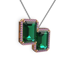 Yeşil kuvars ve ametist 14 ayar rose altın kolye (40 cm gümüş rolo zincir)