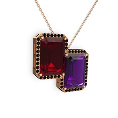 Avis Kolye - Garnet, ametist ve siyah zirkon 14 ayar rose altın kolye (40 cm rose altın rolo zincir) #1eqlmdg