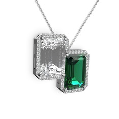 Beyaz zirkon, yeşil kuvars ve swarovski 18 ayar beyaz altın kolye (40 cm beyaz altın rolo zincir)