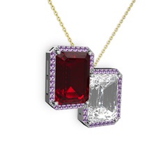 Garnet, beyaz zirkon ve ametist 14 ayar beyaz altın kolye (40 cm altın rolo zincir)