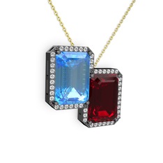 Avis Kolye - Akuamarin, garnet ve swarovski 925 ayar siyah rodyum kaplama gümüş kolye (40 cm altın rolo zincir) #1fpjn6h