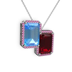 Akuamarin, garnet ve rodolit garnet 18 ayar beyaz altın kolye (40 cm beyaz altın rolo zincir)