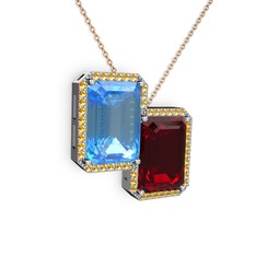 Akuamarin, garnet ve sitrin 14 ayar beyaz altın kolye (40 cm rose altın rolo zincir)