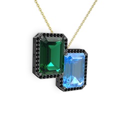Avis Kolye - Yeşil kuvars, akuamarin ve siyah zirkon 925 ayar siyah rodyum kaplama gümüş kolye (40 cm altın rolo zincir) #1gcoblu