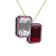 Beyaz zirkon, garnet ve rodolit garnet 925 ayar siyah rodyum kaplama gümüş kolye (40 cm gümüş rolo zincir)