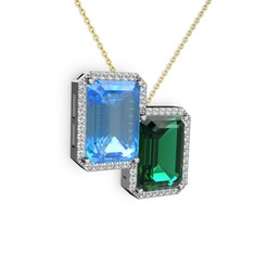 Akuamarin, yeşil kuvars ve swarovski 925 ayar gümüş kolye (40 cm gümüş rolo zincir)