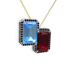 Akuamarin, garnet ve siyah zirkon 18 ayar beyaz altın kolye (40 cm gümüş rolo zincir)