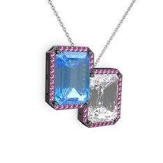 Avis Kolye - Akuamarin, beyaz zirkon ve rodolit garnet 925 ayar siyah rodyum kaplama gümüş kolye (40 cm gümüş rolo zincir) #1hkezir