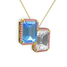 Akuamarin, beyaz zirkon ve rodolit garnet 8 ayar altın kolye (40 cm gümüş rolo zincir)