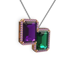 Ametist ve yeşil kuvars 14 ayar rose altın kolye (40 cm gümüş rolo zincir)