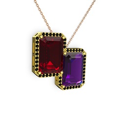 Avis Kolye - Garnet, ametist ve siyah zirkon 18 ayar altın kolye (40 cm rose altın rolo zincir) #1i47tys